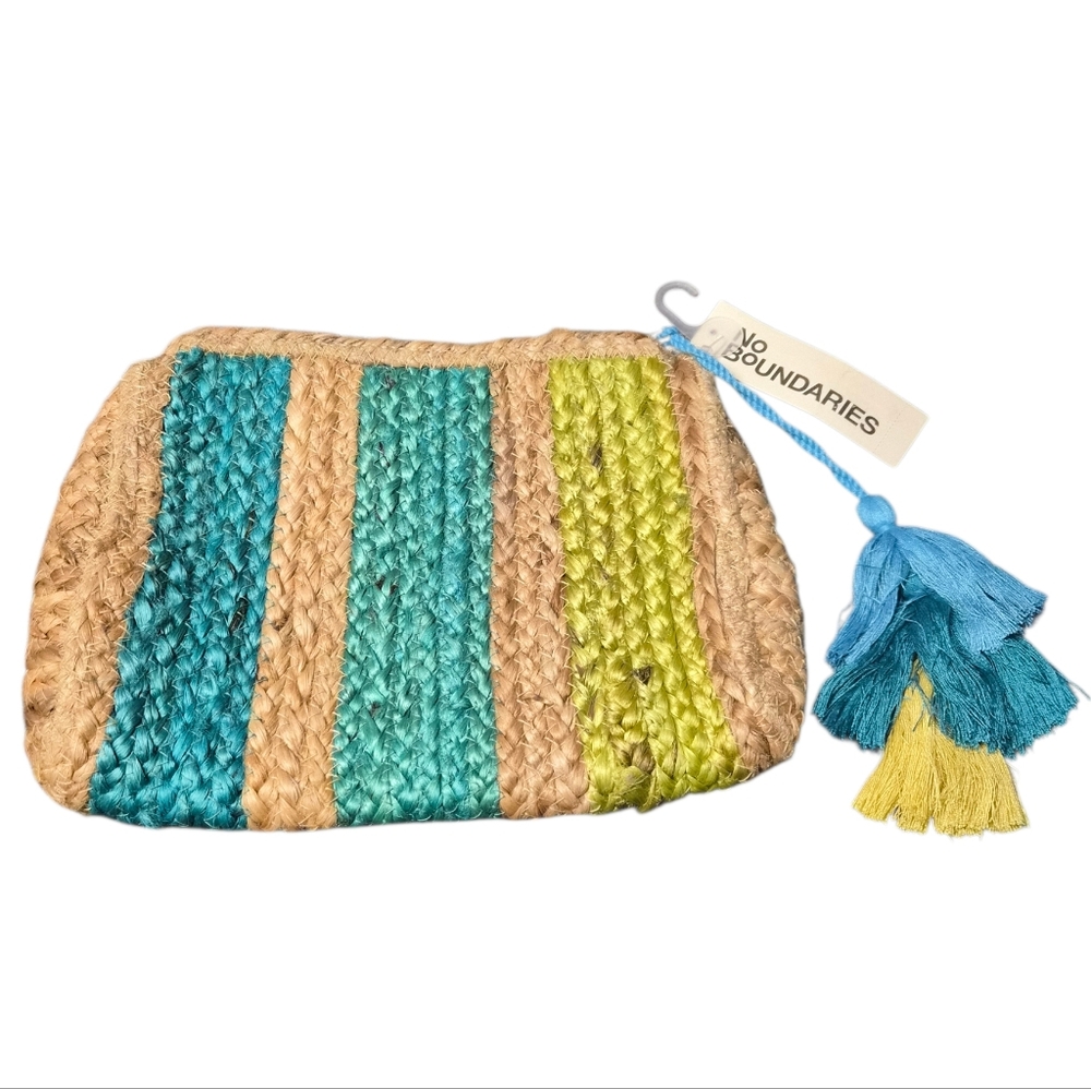 No Boundaries Woven Straw Cosmetic Pouch Teal Green